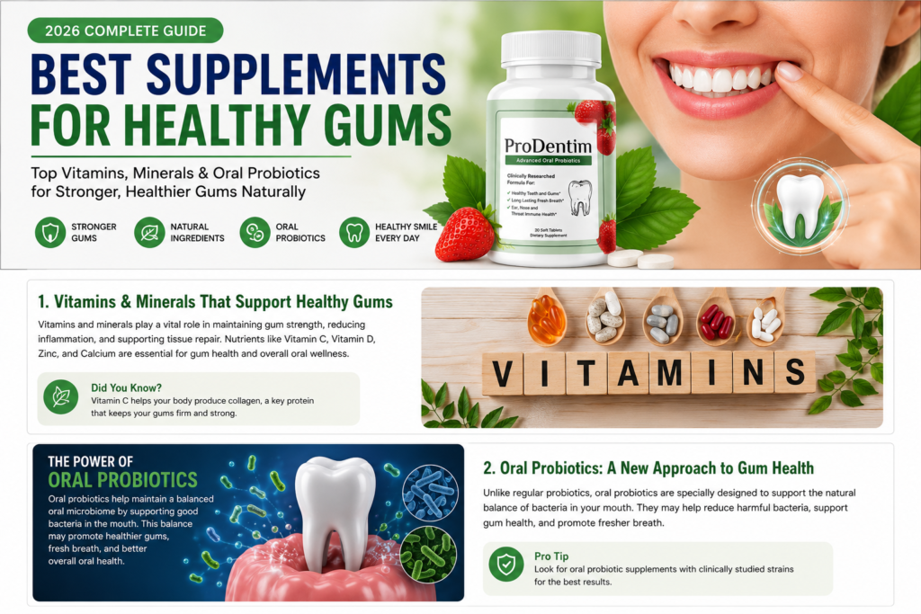 Best Supplements for Healthy Gums including vitamins, minerals, oral probiotics and ProDentim for stronger gums and fresh breath