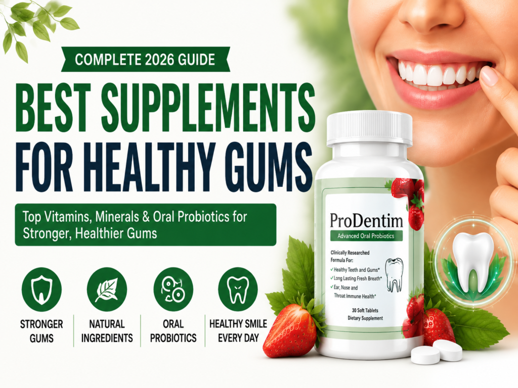 Best Supplements for Healthy Gums including vitamins, minerals, oral probiotics and ProDentim for stronger gums and fresh breath