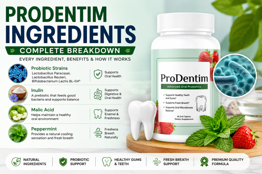 ProDentim ingredients infographic showing probiotic strains, inulin, malic acid, peppermint, and oral health benefits