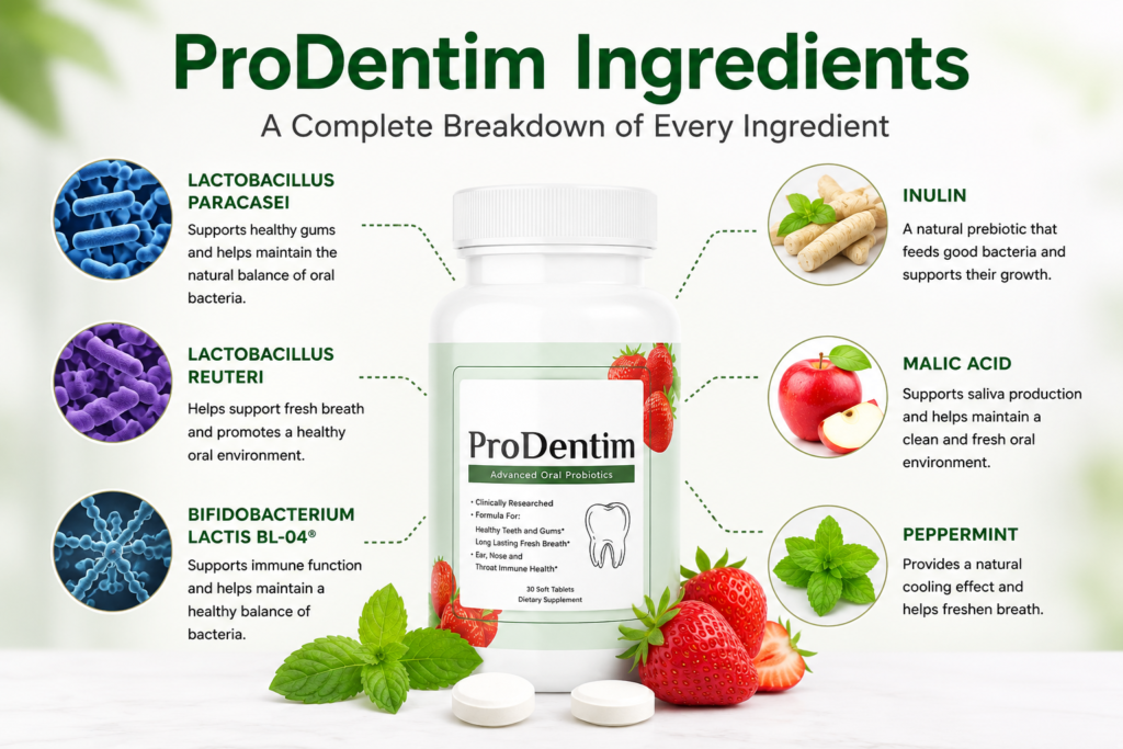 ProDentim ingredients infographic showing probiotic strains, inulin, malic acid, peppermint, and oral health benefits