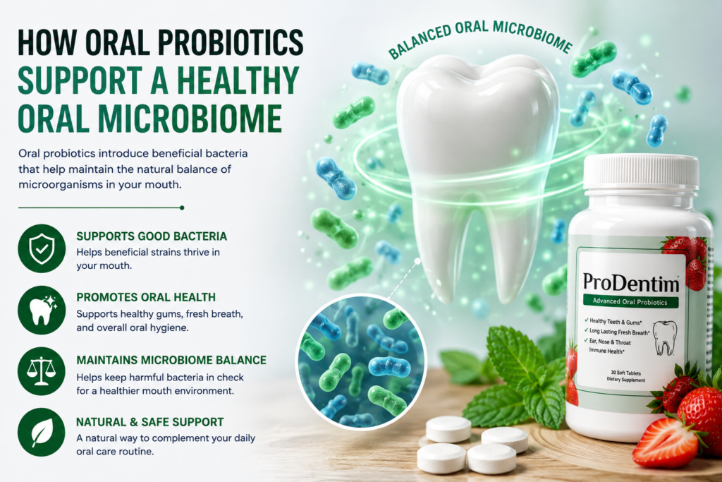 How oral probiotics work in your mouth, showing ProDentim oral probiotic tablets, a healthy tooth, beneficial bacteria, and key benefits including balanced oral bacteria, gum health, and fresh breath.