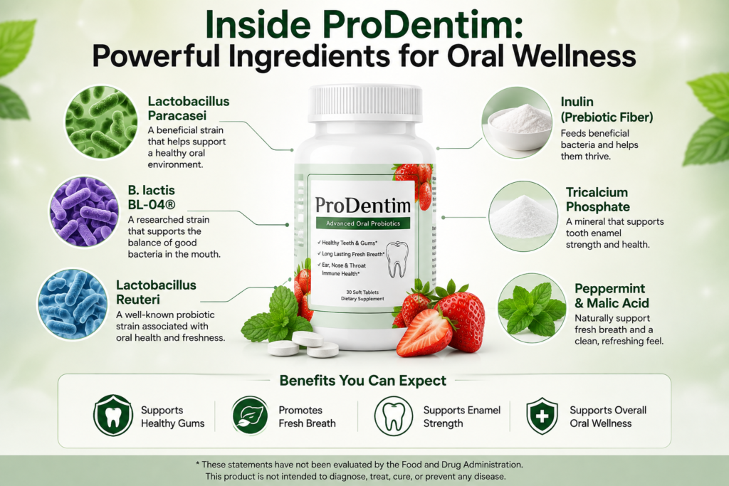 How oral probiotics work in your mouth, showing ProDentim oral probiotic tablets, a healthy tooth, beneficial bacteria, and key benefits including balanced oral bacteria, gum health, and fresh breath.