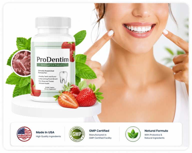 ProDentim oral probiotic supplement bottle with smiling woman showing healthy white teeth